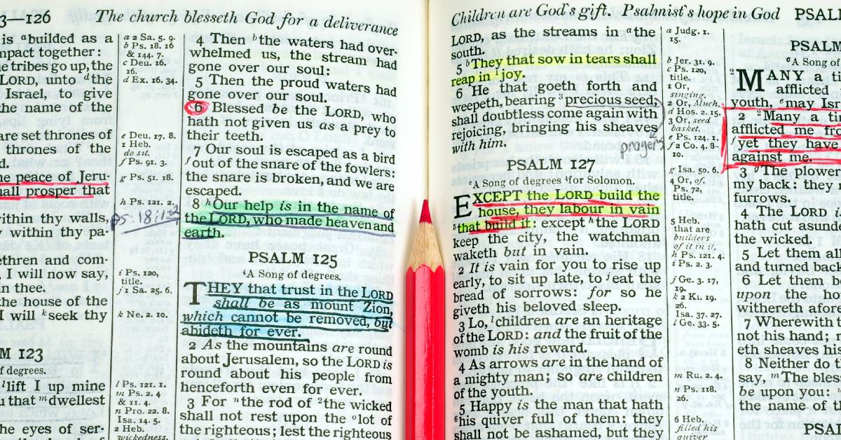 A King James Version Bible open to Psalms. Several verses are underlined and a red pencil lies between the two pages.