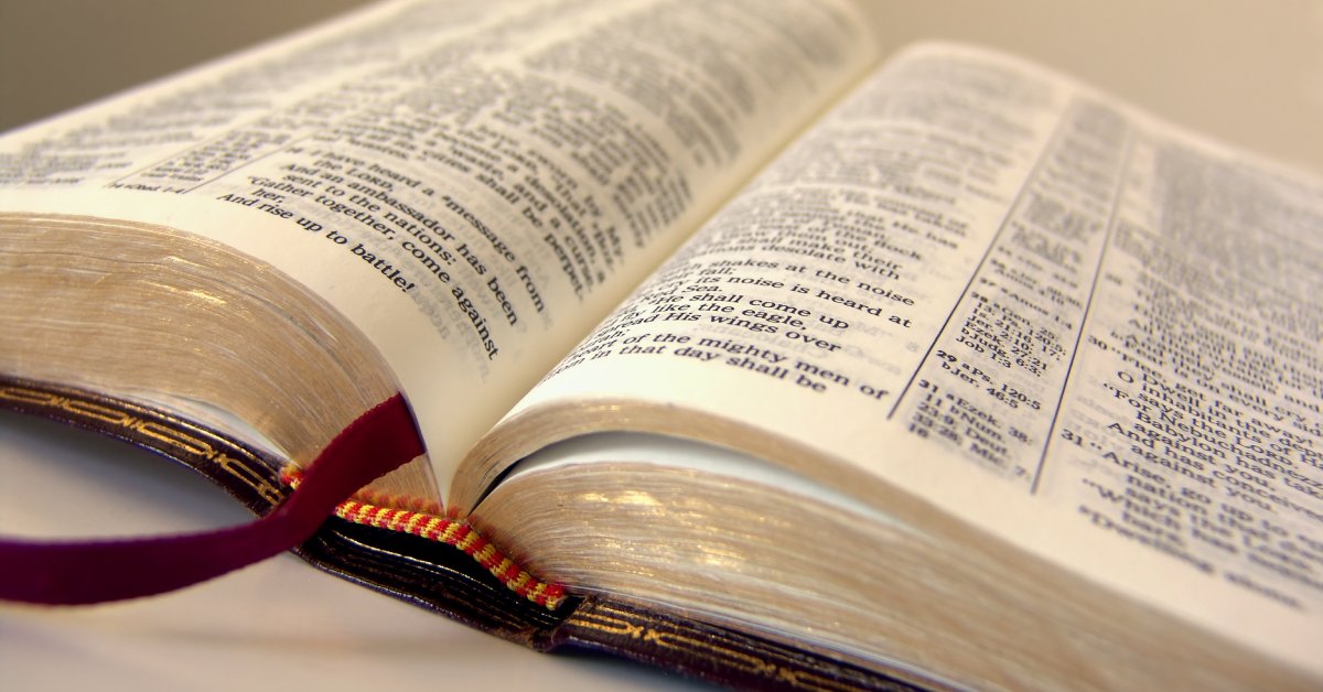 A center-column reference Bible lying open and flat. It has a red and yellow band of material between the spine and pages.